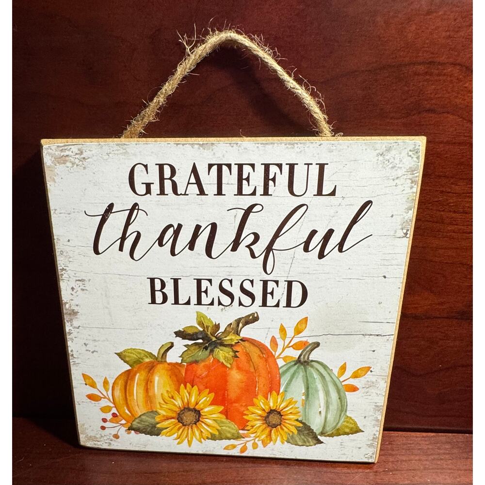 Grateful Thankful Blessed Pumpkin Wood Wall Decor 6 3/8" X 6 3/8" Holiday